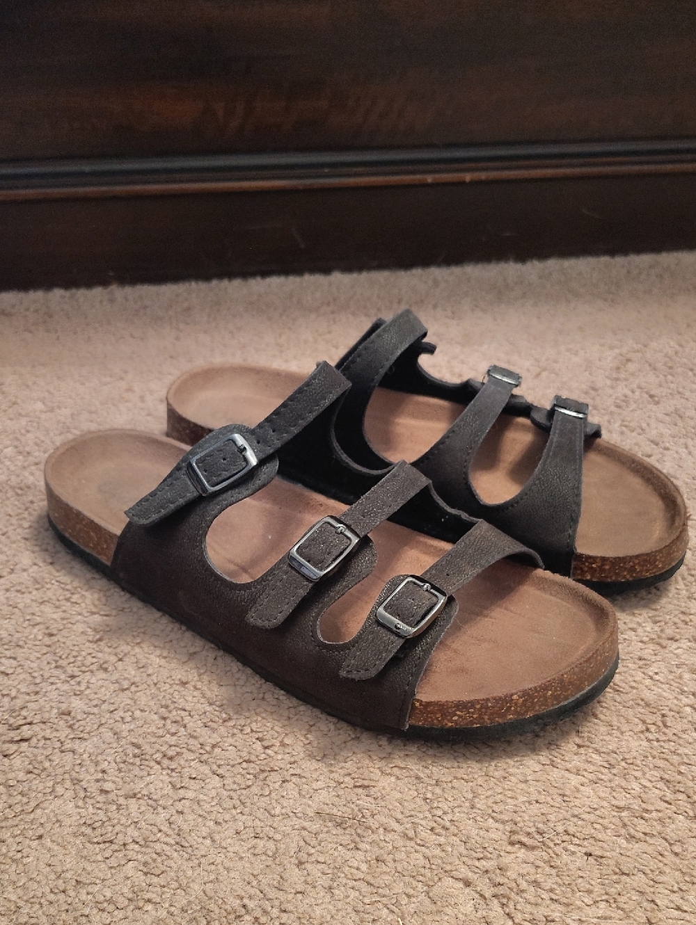 Triple-Buckle Suede Slide Sandals in Brown